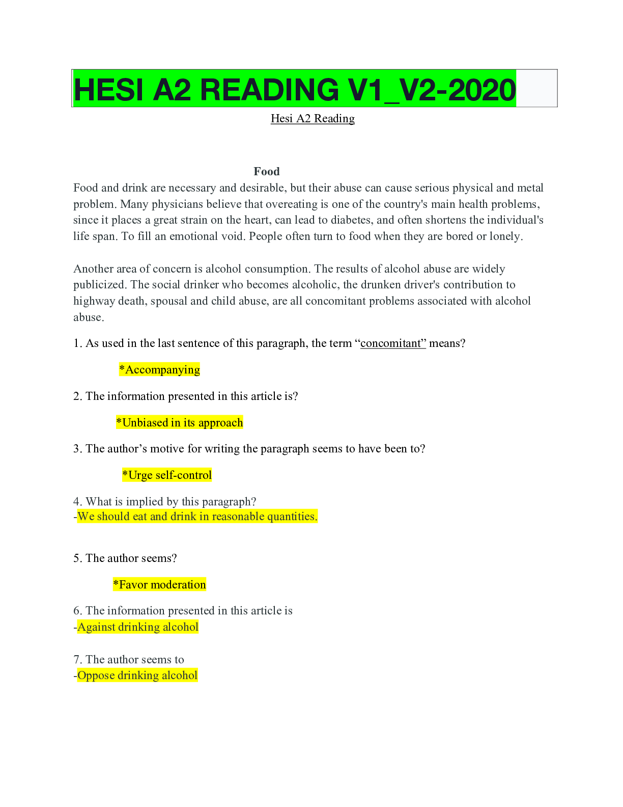 Preview of HESI A2 READING V1_V2-2020